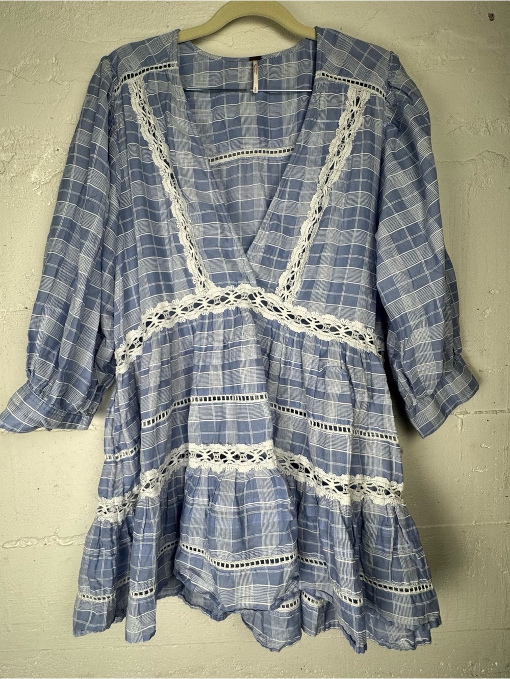 Free People Time Out Lace Tunic Blue White Plaid 1/2 Balloon Sleeve Size Small